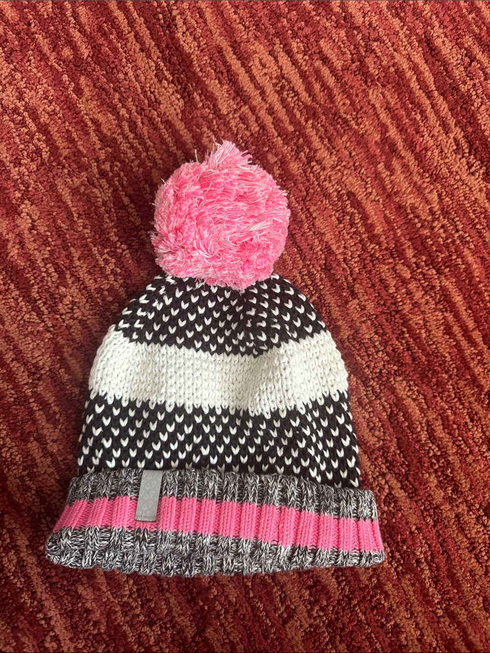 Ivivva Black & White Knit Beanie with Pink Pom Pom